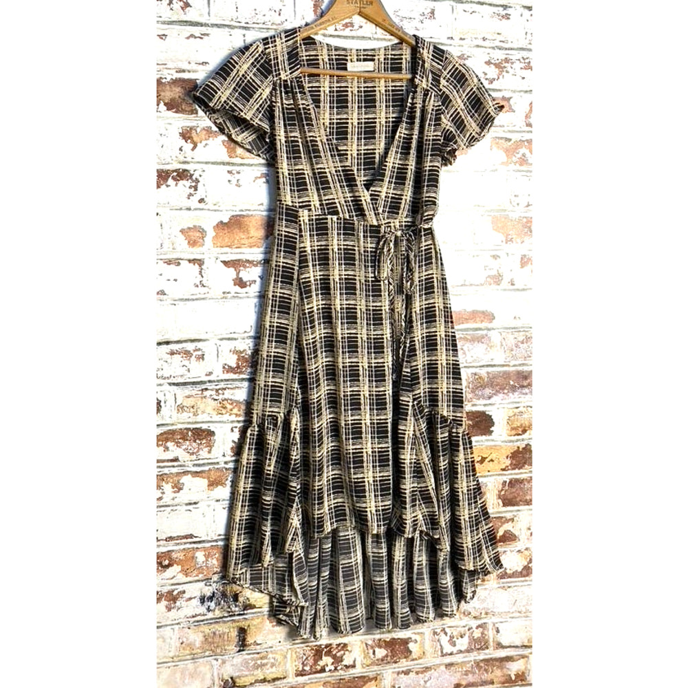 Urban Outfitters Daphne Boho Black Print Short Sleeve Wrap High Low Midi Dress - Picture 6 of 13
